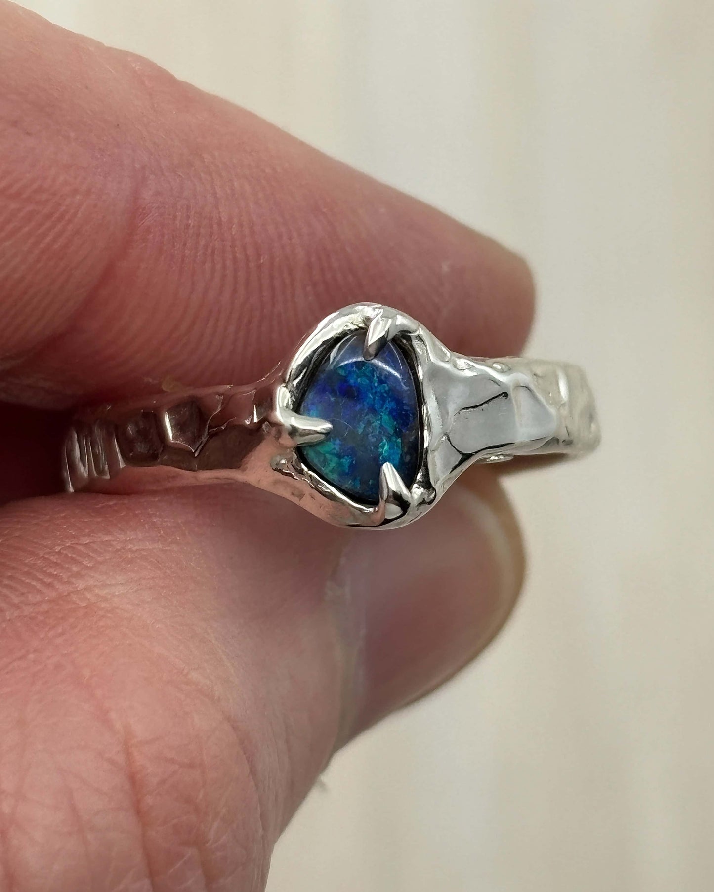 Boulder Opal Sterling Silver Textured Ring - size  7.75 US