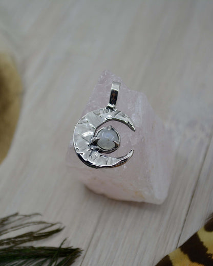 Crescent Moon Rainbow Moonstone Sterling Silver Pendant