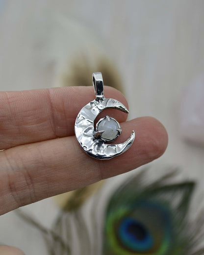 Crescent Moon Rainbow Moonstone Sterling Silver Pendant