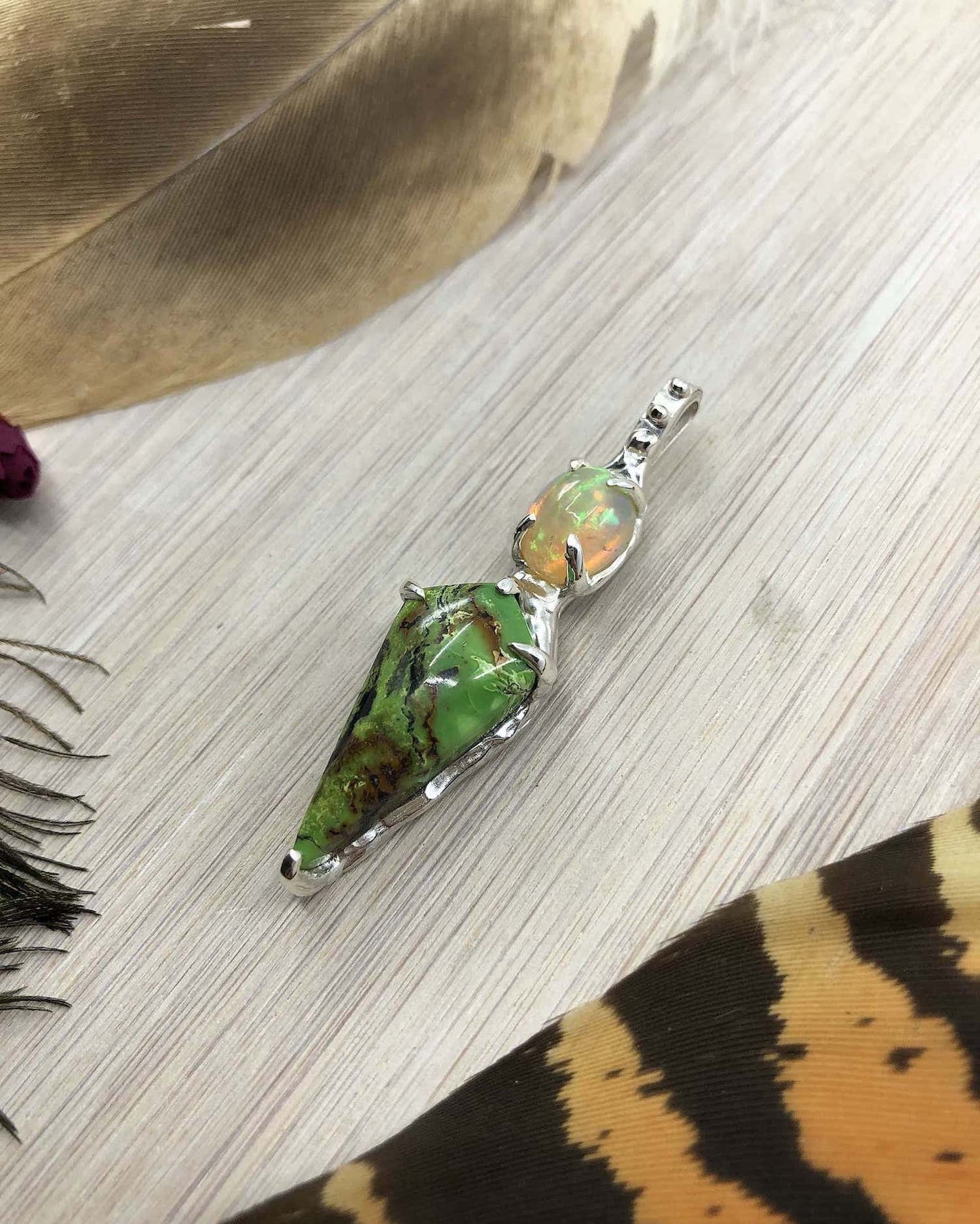 Ethiopian Opal & Yungai Green Turquoise Sterling Silver Pendant