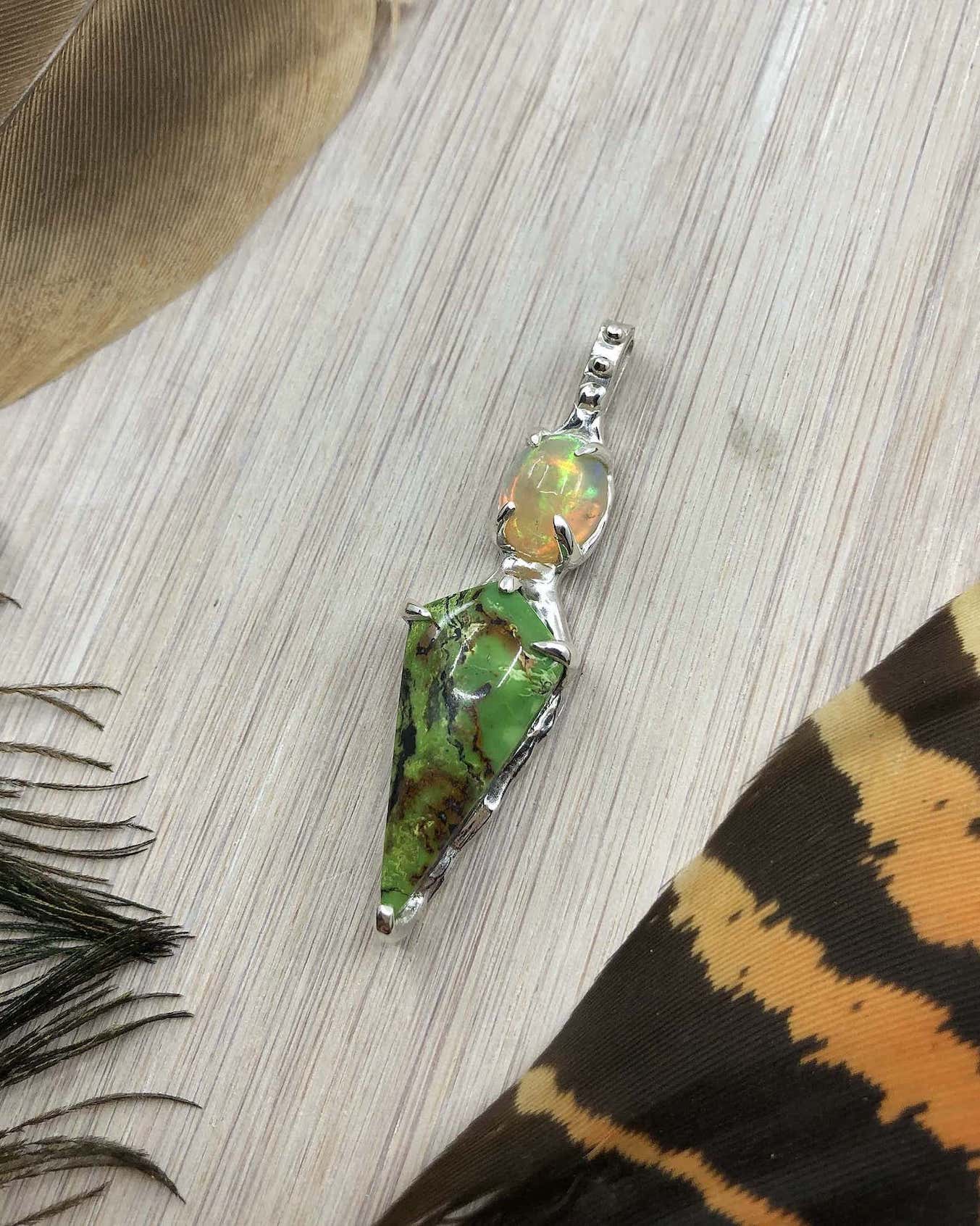 Ethiopian Opal & Yungai Green Turquoise Sterling Silver Pendant