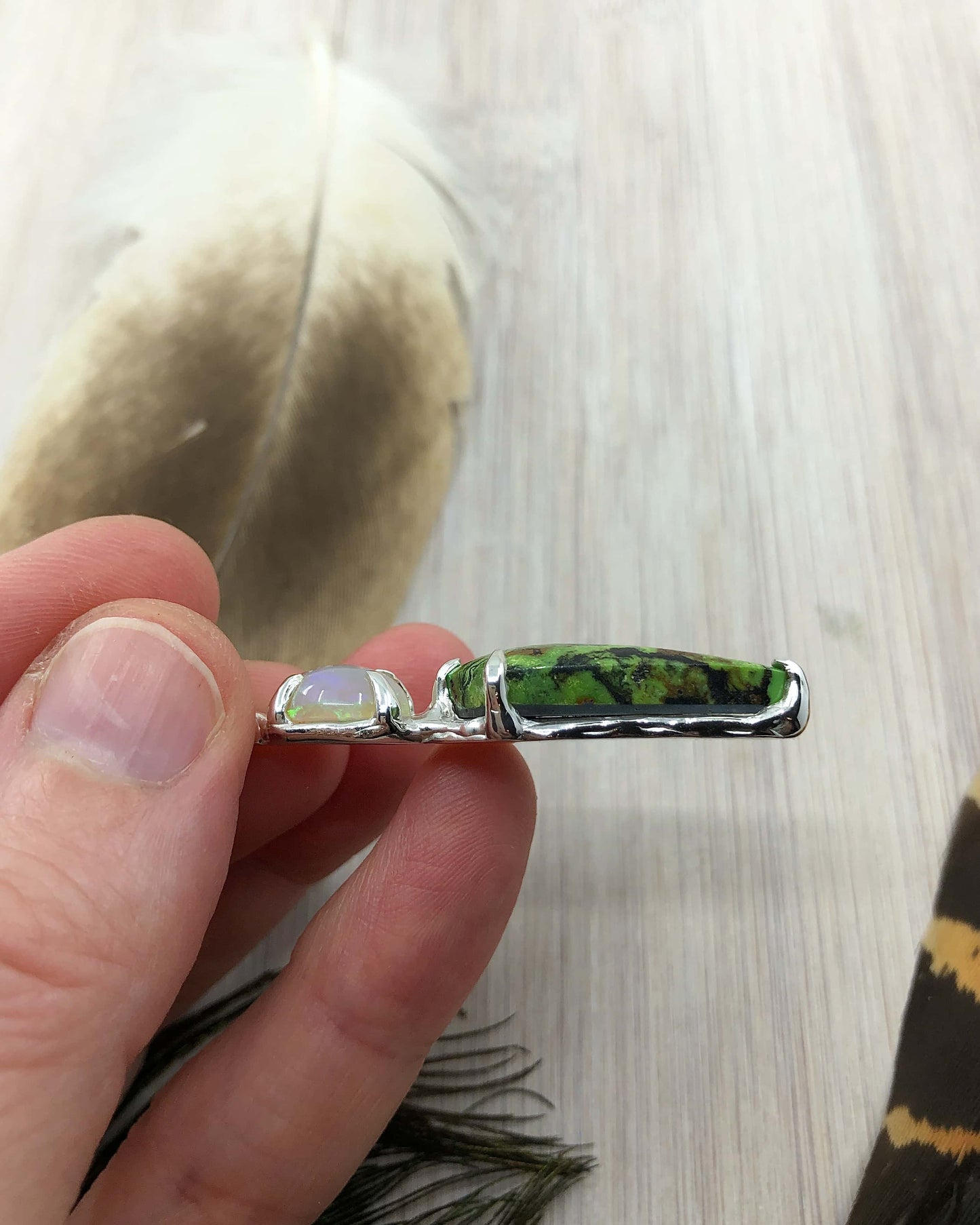 Ethiopian Opal & Yungai Green Turquoise Sterling Silver Pendant