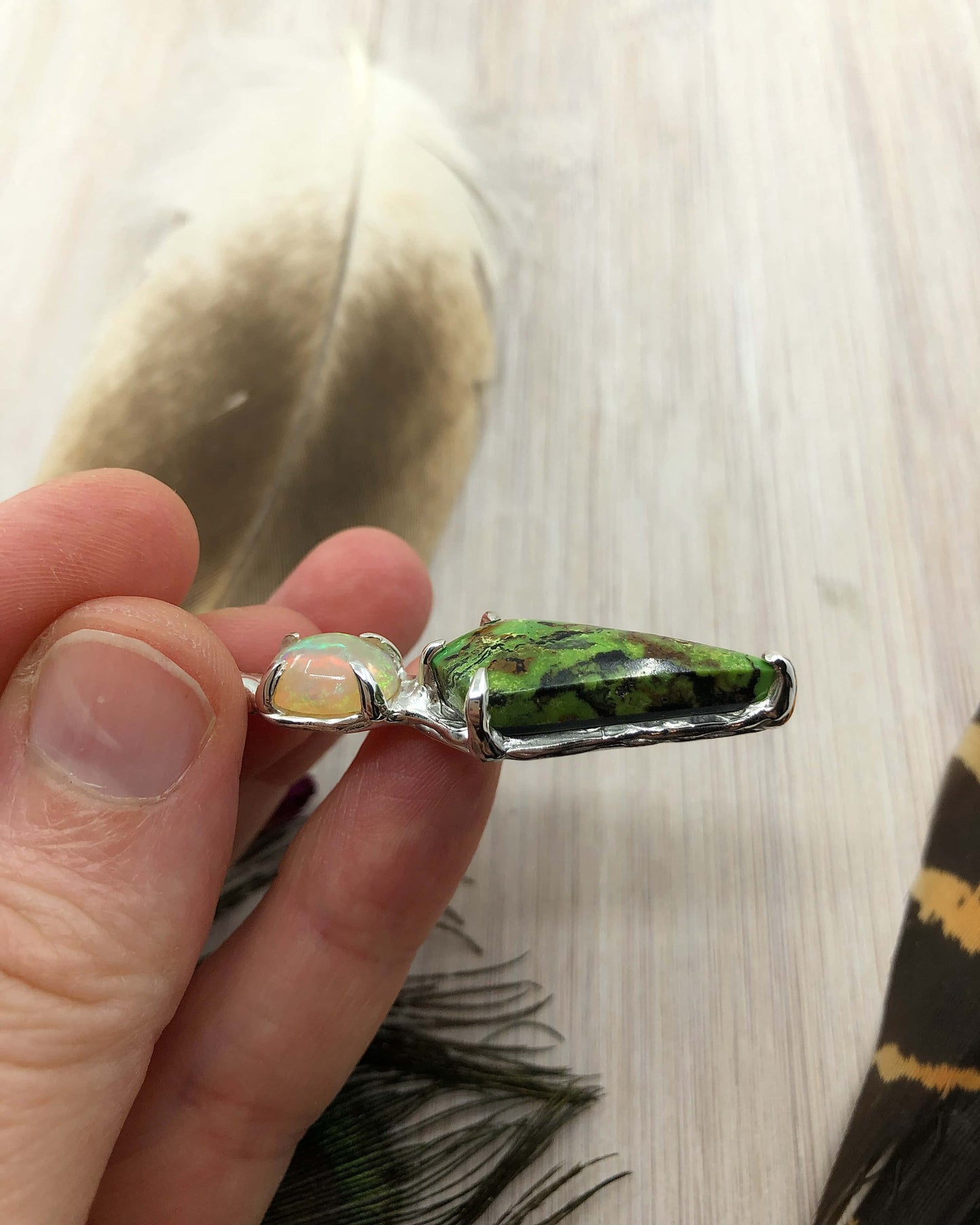 Ethiopian Opal & Yungai Green Turquoise Sterling Silver Pendant