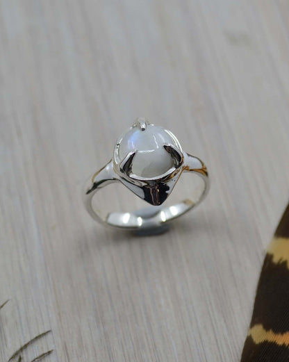 Sterling Silver Rainbow Moonstone Triangle Ring - 8.75 US