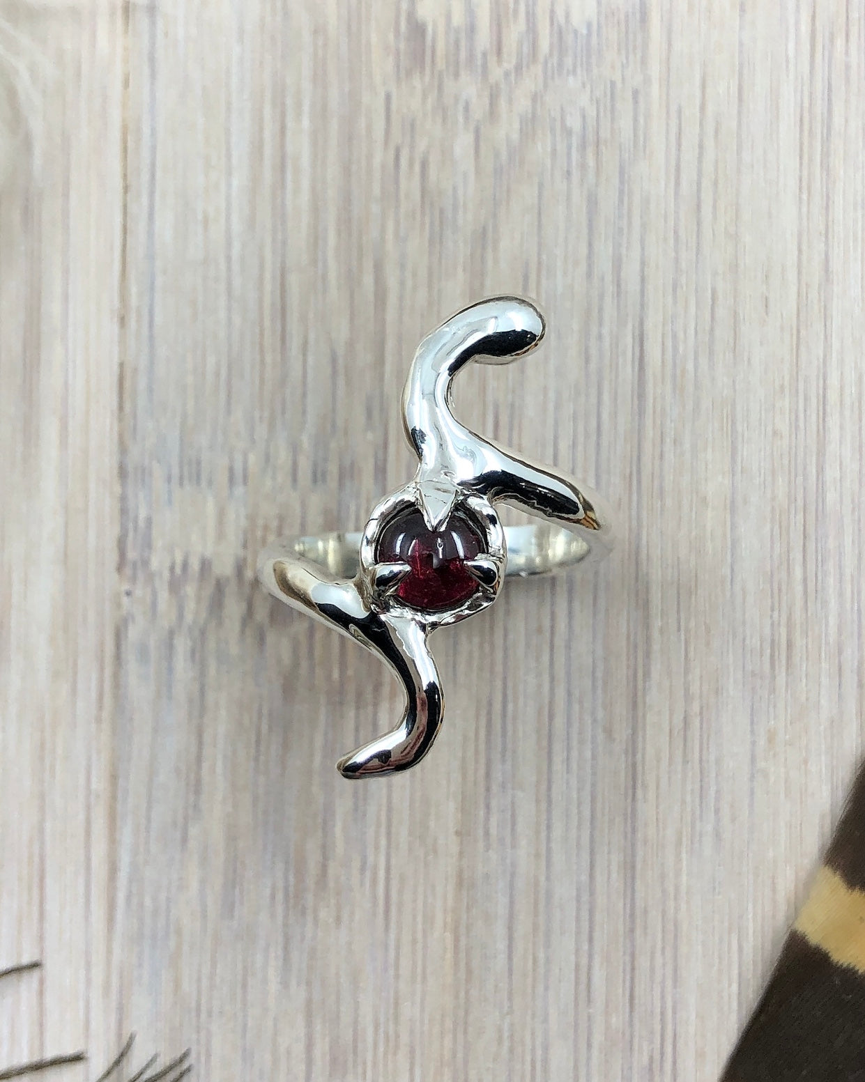 sterling silver snake ring with garnet, serpent ring