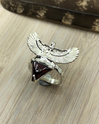 Sterling Silver Egyptian Goddess Garnet Ring - 8 US