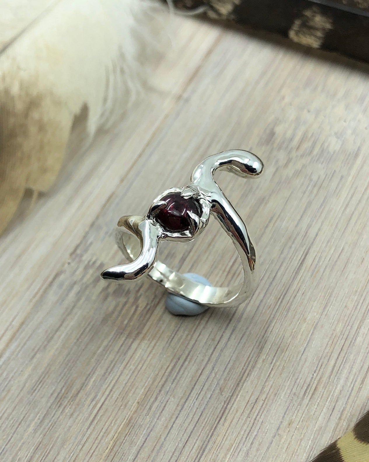 Sterling Silver Garnet Snake Ring - 8 US