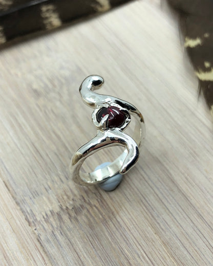 Sterling Silver Garnet Snake Ring - 8 US