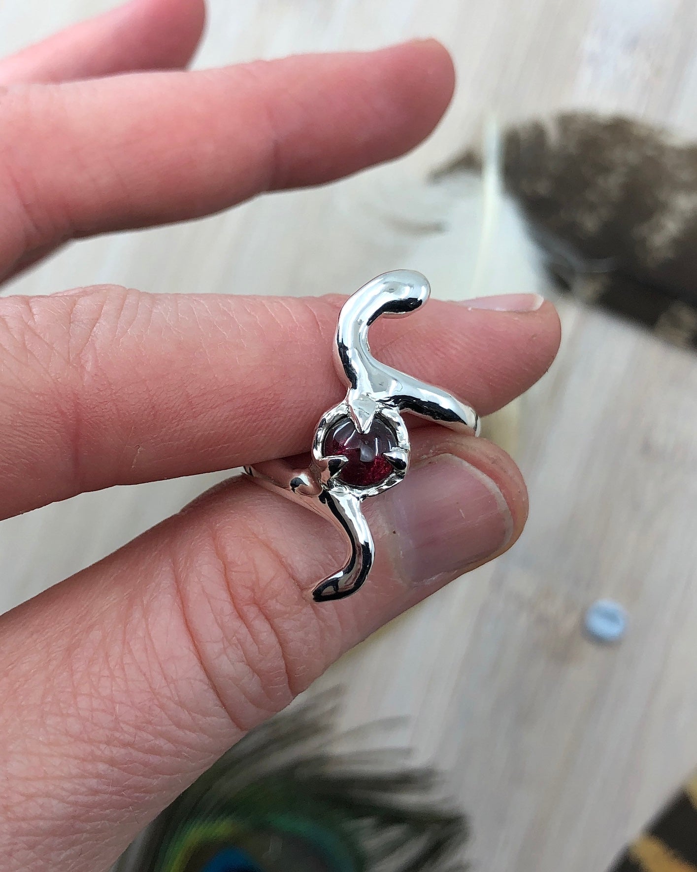 Sterling Silver Garnet Snake Ring - 8 US