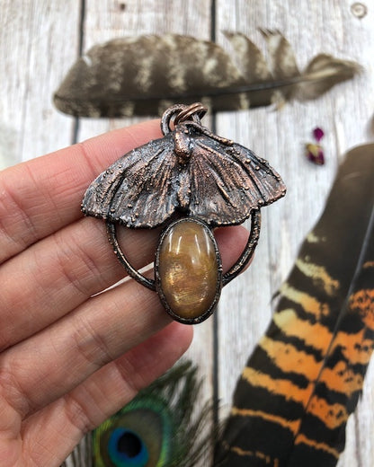 REAL Moth Pendant with Sunstone - Electroformed