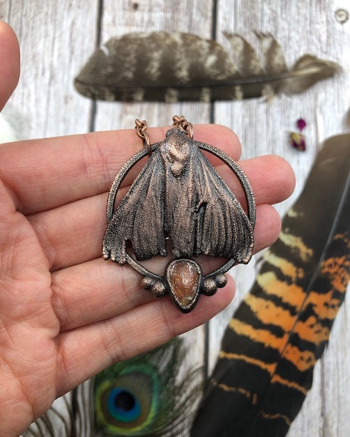 REAL Moth Pendant with Sunstone - Copper Electroformed