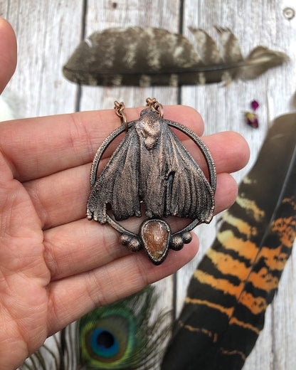 REAL Moth Pendant with Sunstone - Copper Electroformed