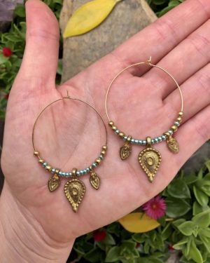 beaded gold tribal brass hoop earrings